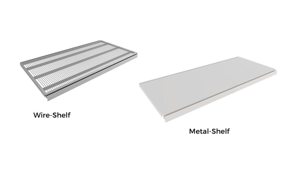 Shelf types, wire shelf and metal shelf